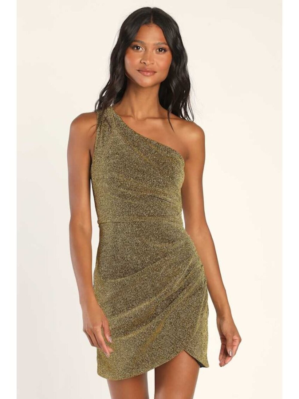 Lulus Got‎ the Party Gold Lurex One-Shoulder Mini Dress Size S New Cocktail Sexy